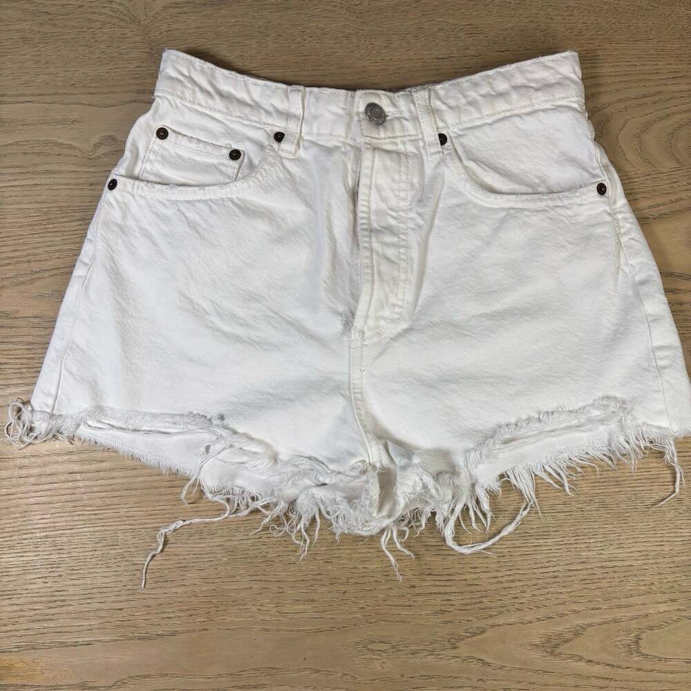 ZARA Women’s 100% Cotton White Distressed High Waist Jean Shorts 6